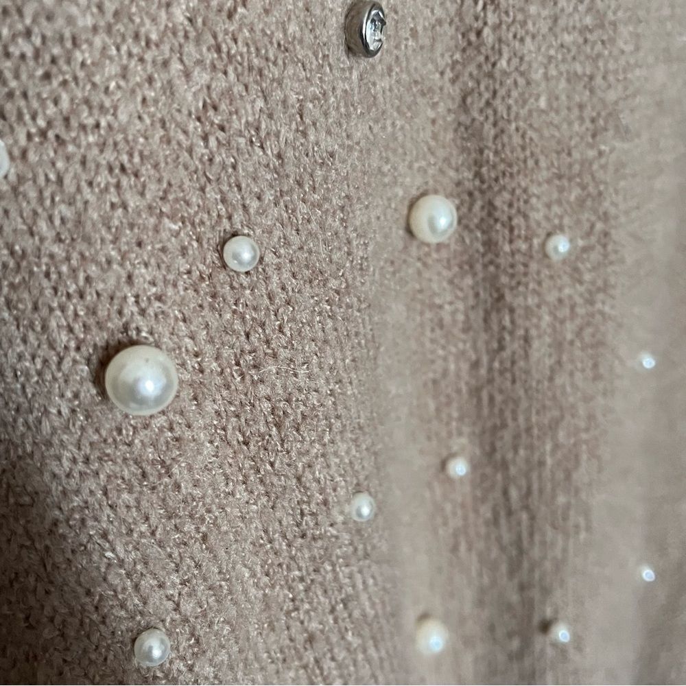 Chico's Wool-Blend Pearl/Rhinestone Embellished Tan Cardigan Duster Size 1 MED - Picture 7 of 9